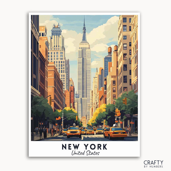 A travel poster depicting a vibrant street scene in New York City with the Empire State Building in the background. The poster includes yellow taxis, people, trees, and a clear sky.