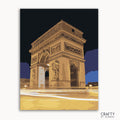 A paint by numbers kit featuring a night view of the Arc de Triomphe, with the option to frame or not frame the canvas.