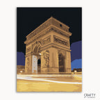 A paint by numbers kit featuring a night view of the Arc de Triomphe, with the option to frame or not frame the canvas.
