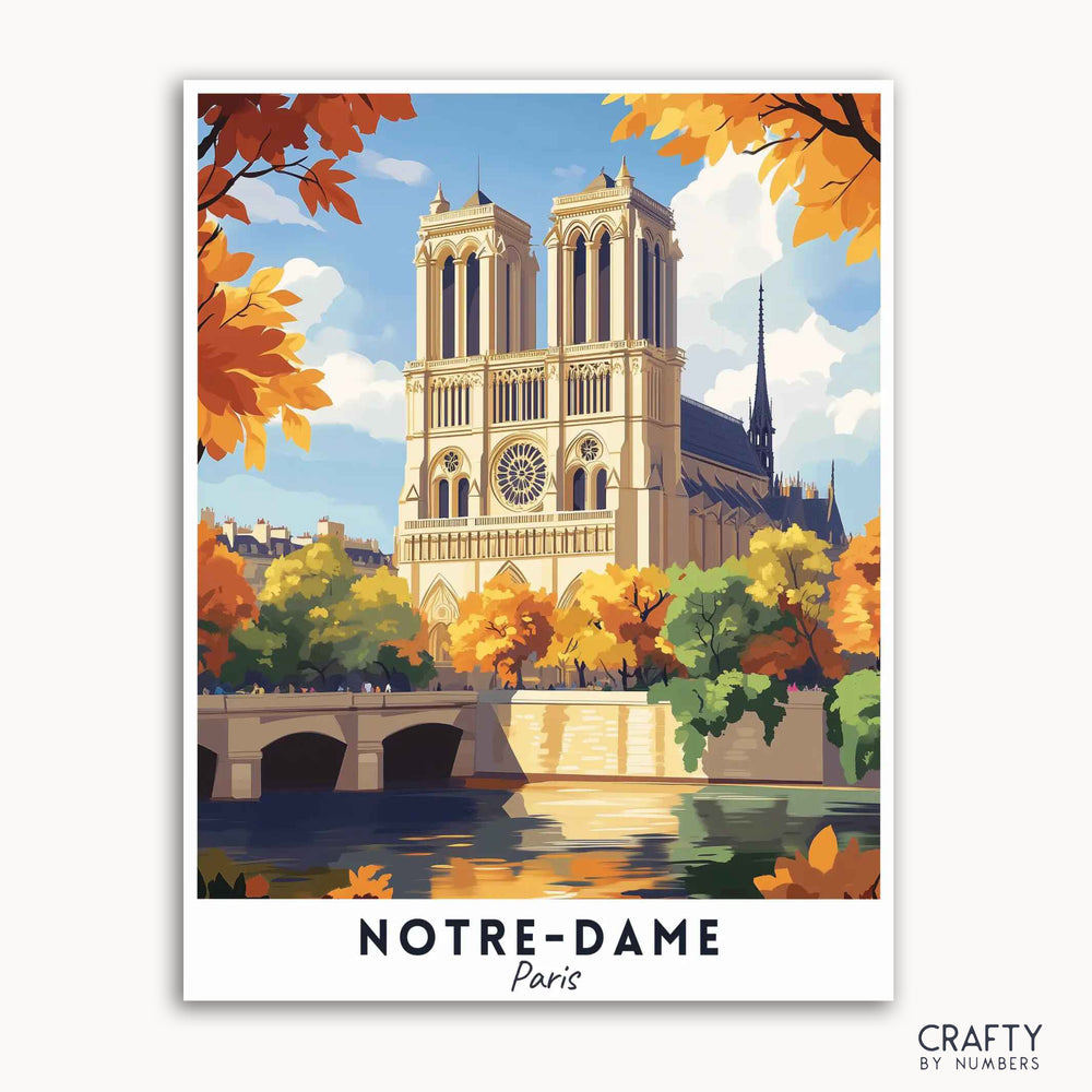 A travel poster depicting Notre-Dame cathedral in Paris with autumn foliage and a reflection in the Seine River.