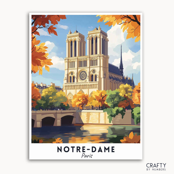 A travel poster depicting Notre-Dame cathedral in Paris with autumn foliage and a reflection in the Seine River.