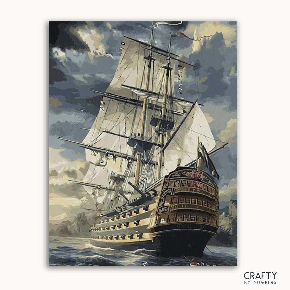 A paint-by-numbers kit image featuring a boat on the ocean with waves and a cloudy sky in the background.