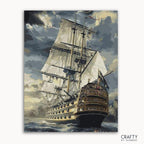 A paint-by-numbers kit image featuring a boat on the ocean with waves and a cloudy sky in the background.