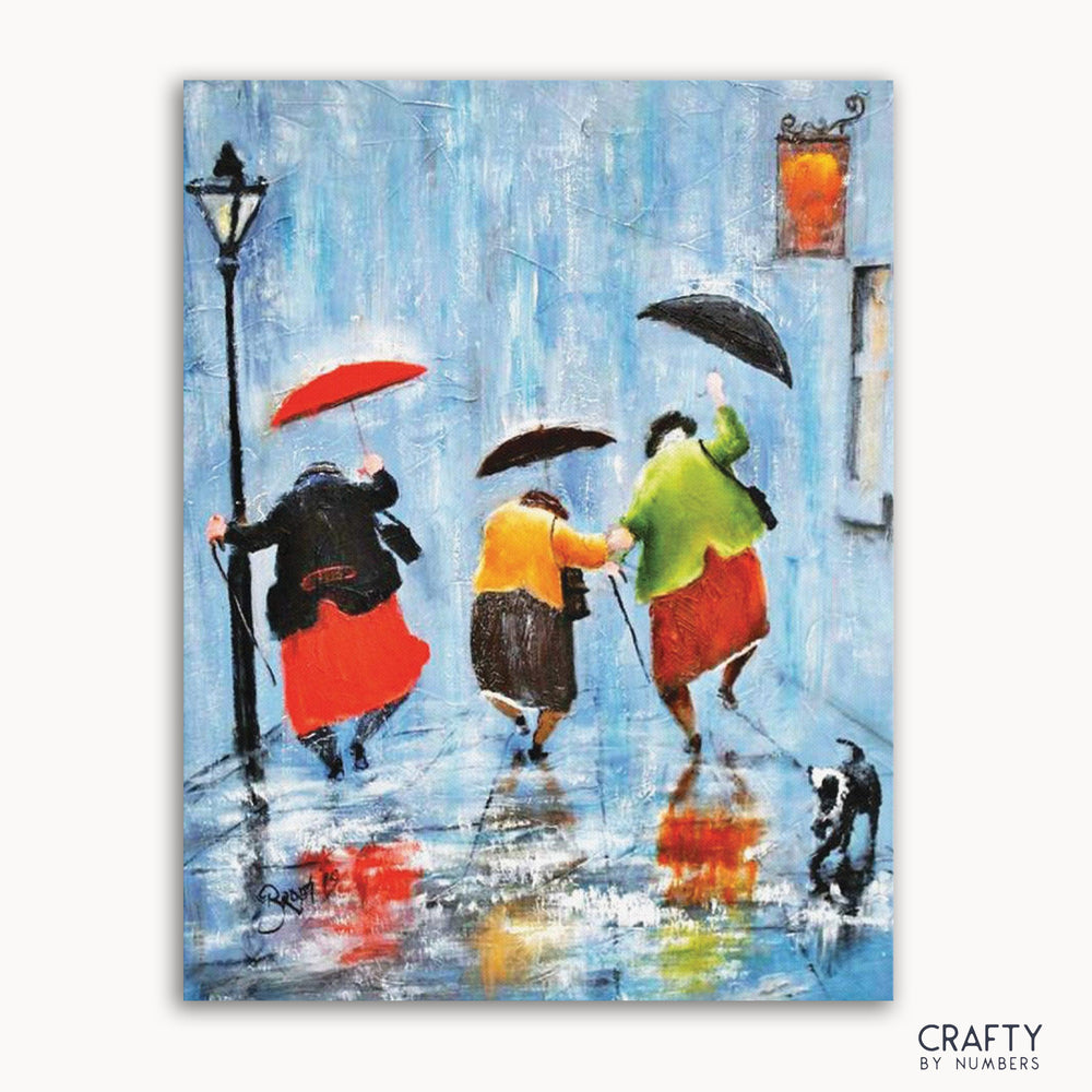 A paint-by-numbers kit image featuring a vibrant scene with people walking with umbrellas in the rain, a dance theme, and a dog.