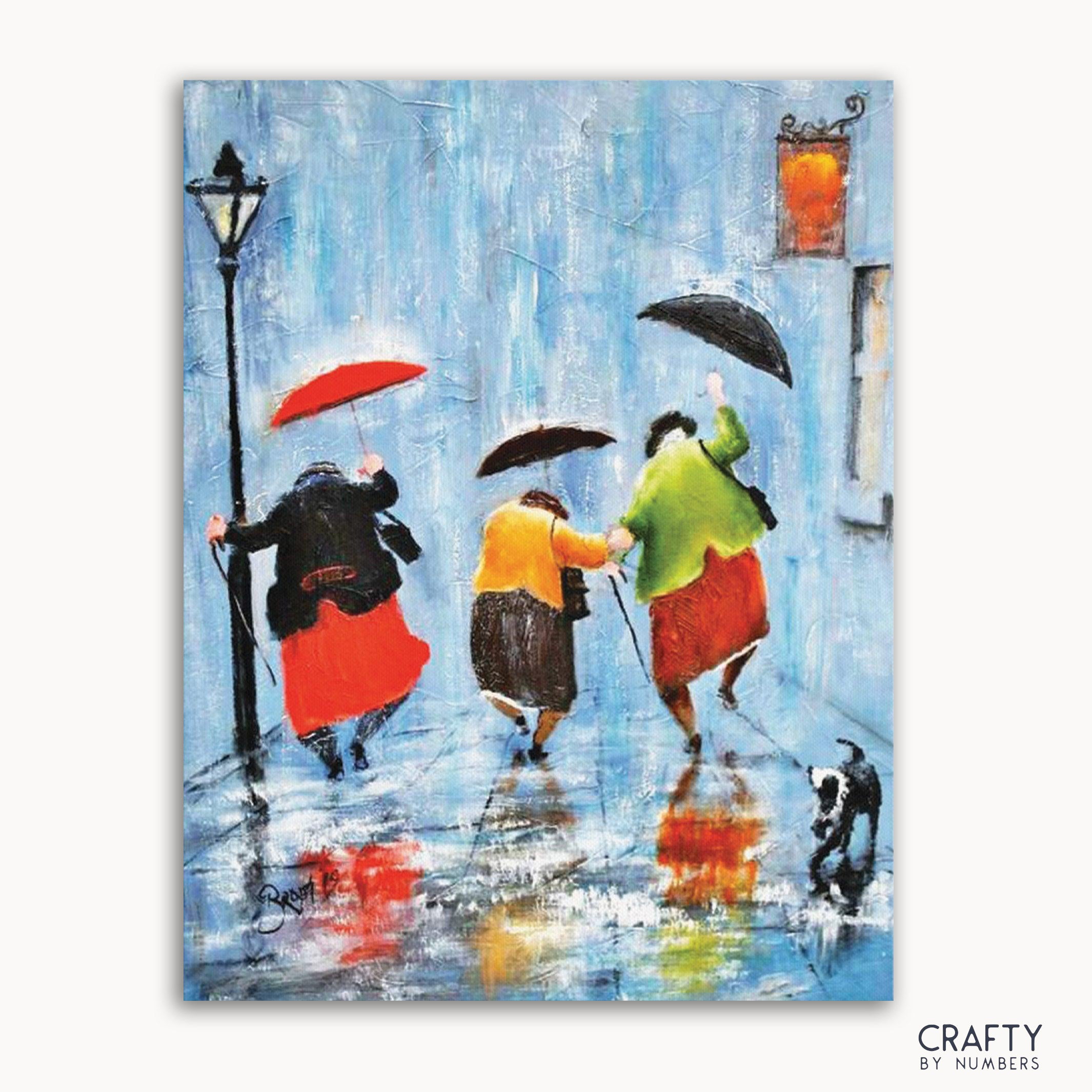 A paint-by-numbers kit image featuring a vibrant scene with people walking with umbrellas in the rain, a dance theme, and a dog.