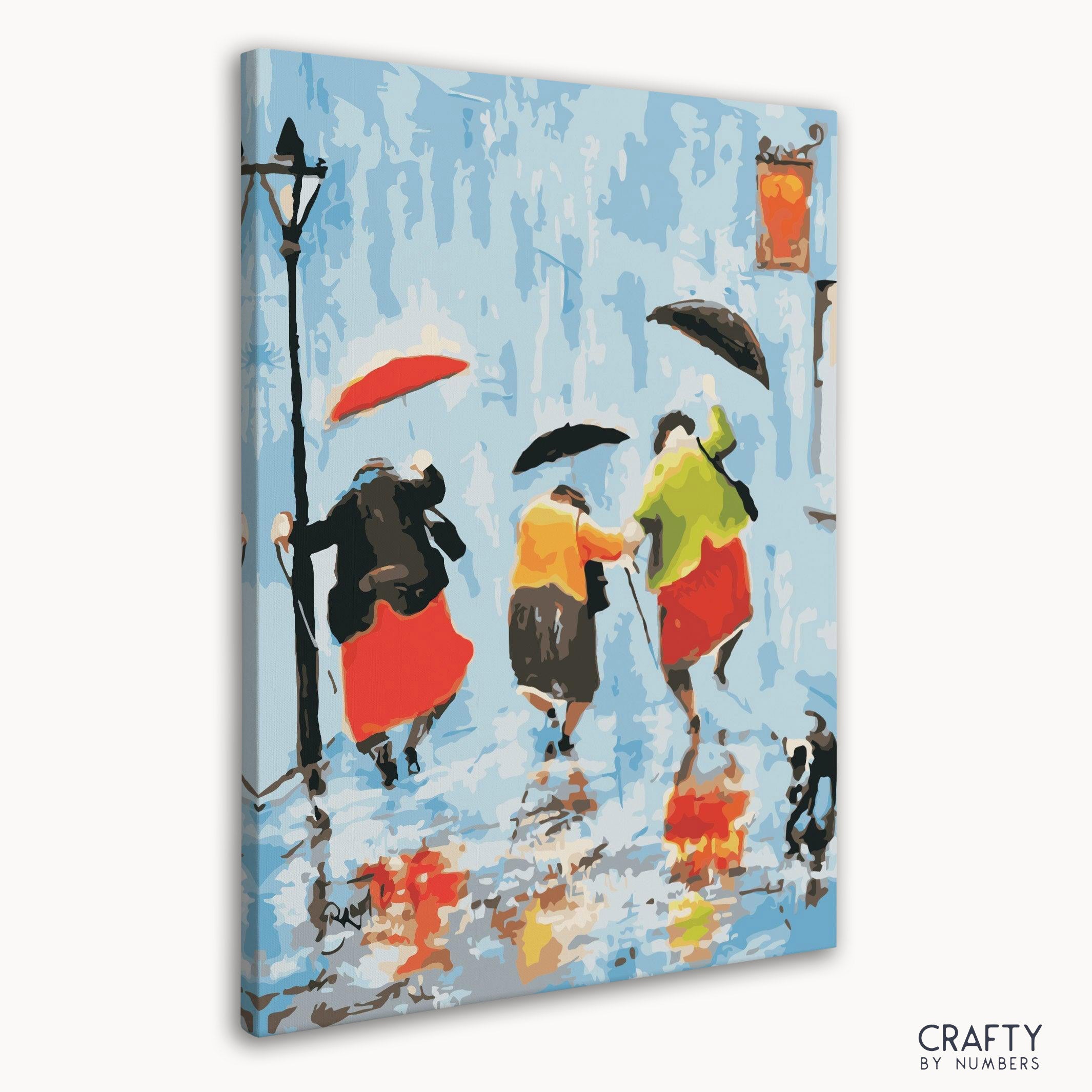 A charming Old Friends Enjoy Rain paint by number scene reminiscent of famous paintings of people and famous art paintings.