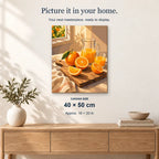 Orange Juice displayed on a sunlit wall above an oak cabinet. Canvas size 40 × 50 cm.