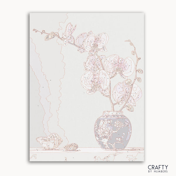 Orchid flower in vase paint by number inspired by famous paintings and van gogh famous paintings with vibrant colors.