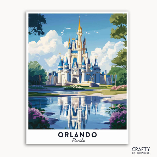 A travel poster depicting a cartoon-style castle surrounded by greenery and a reflective waterway, with a blue sky above and the text 'Orlando Florida' at the bottom.