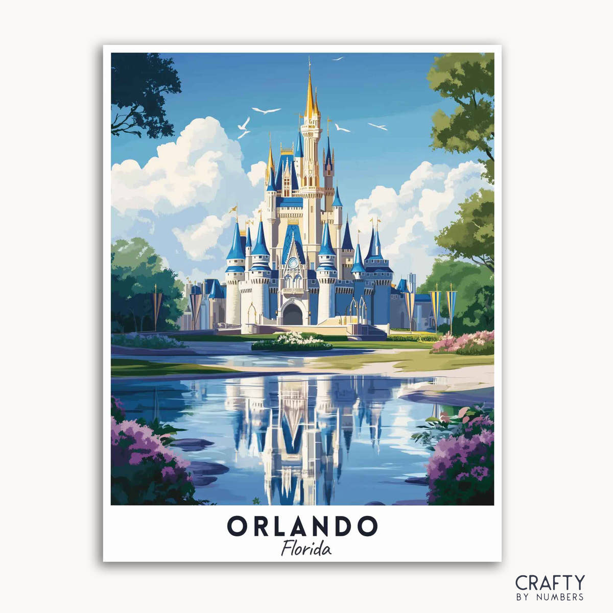 Un cartel de viaje que representa un castillo estilo caricatura rodeado de vegetación y un canal reflectante, con un cielo azul arriba y el texto "Orlando Florida" en la parte inferior.
