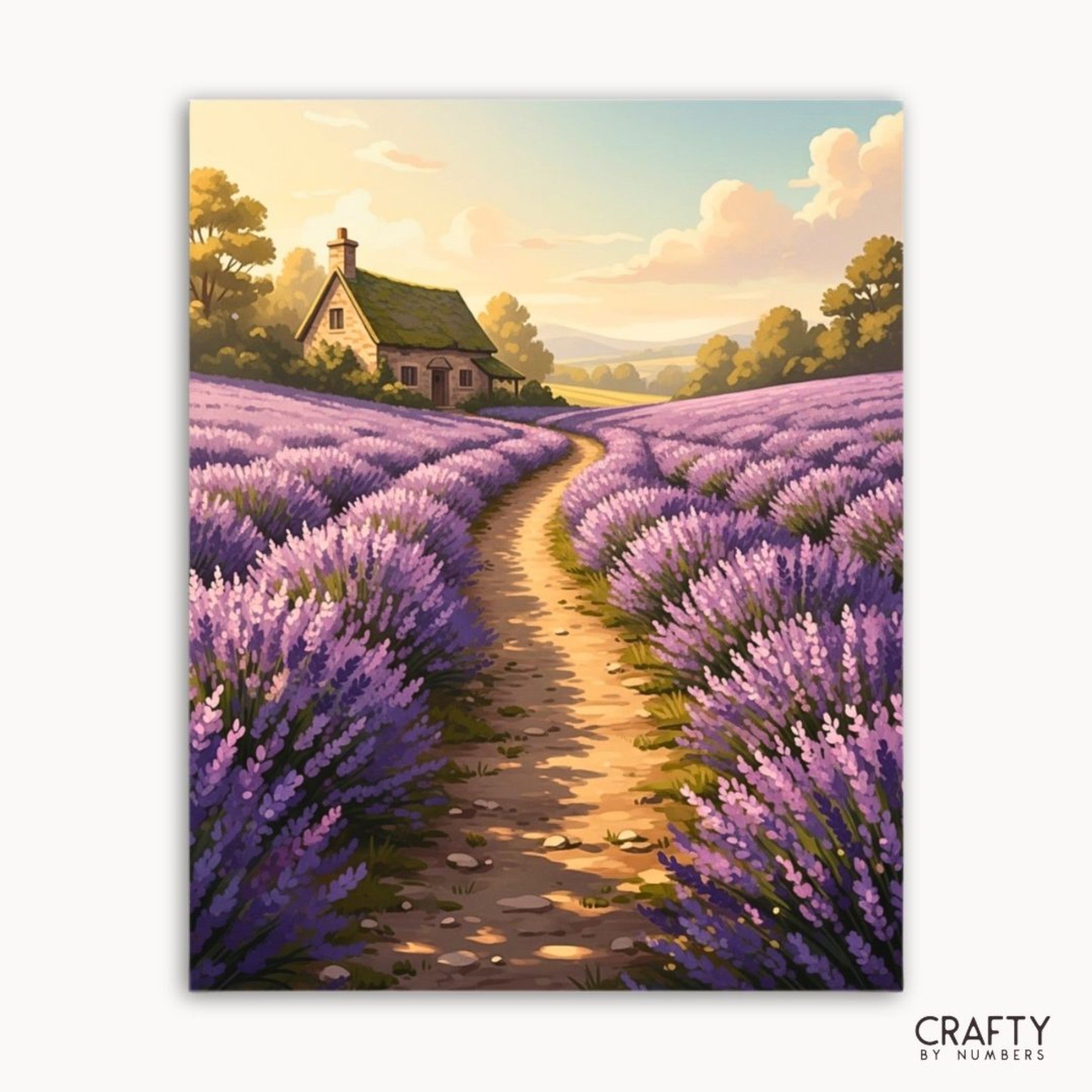 Painting of a lavender field with a house in the background, featuring the brand 'Crafty by Numbers'.