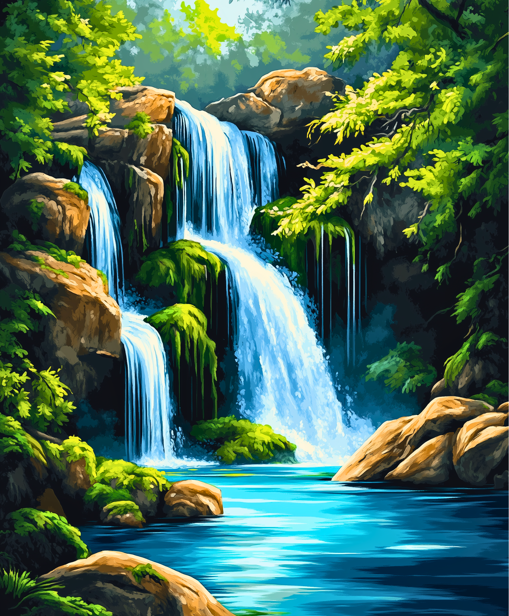 A paint-by-numbers kit depicting a landscape with a cascading waterfall, greenery, and blue water.