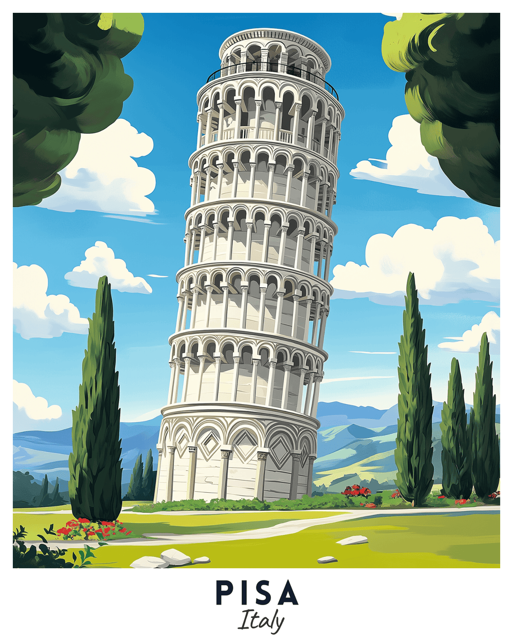 A paint by numbers kit depicting the Leaning Tower of Pisa with a clear blue sky, green trees, and the label 'Pisa Italy' at the bottom.