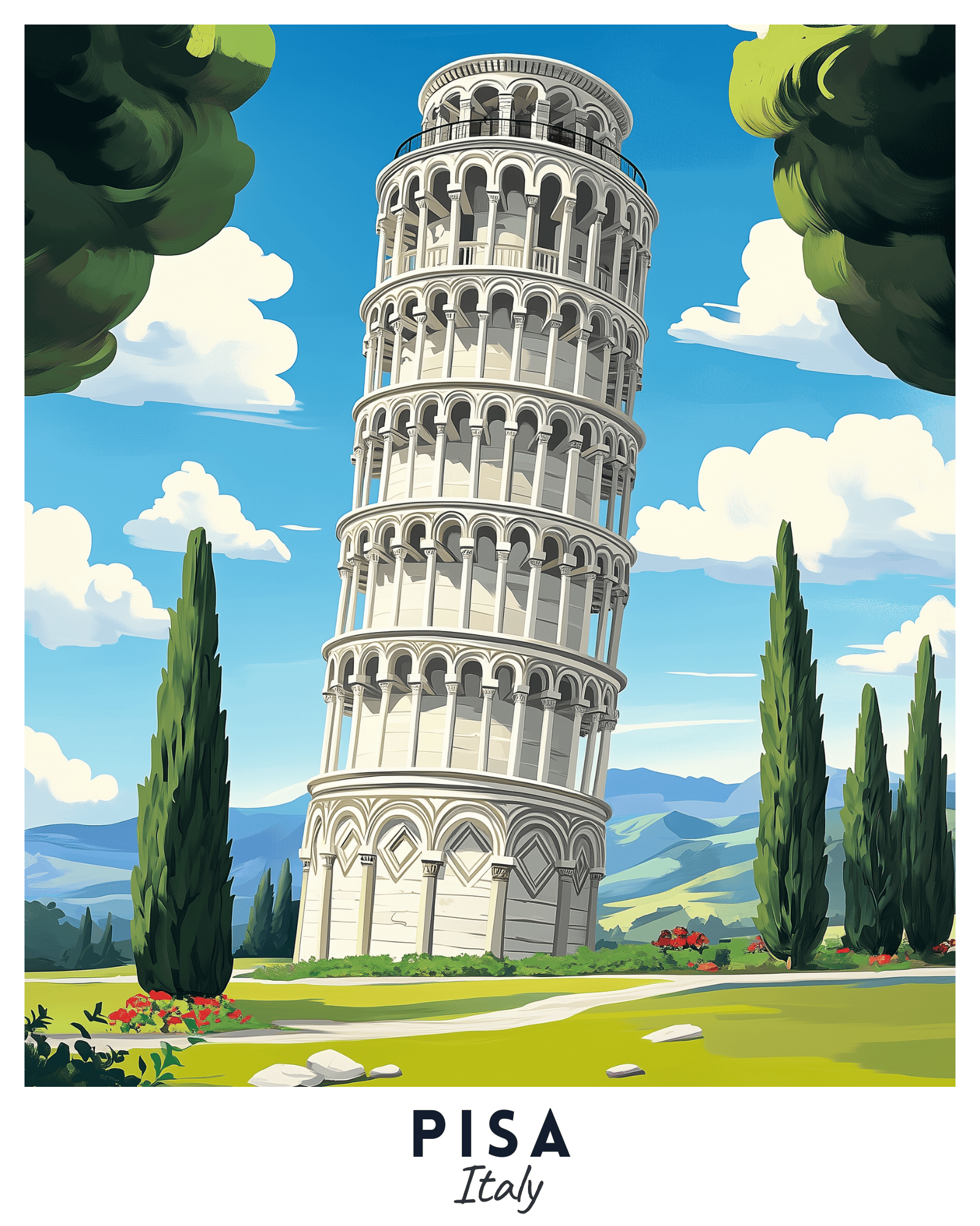 A paint by numbers kit depicting the Leaning Tower of Pisa with a clear blue sky, green trees, and the label 'Pisa Italy' at the bottom.
