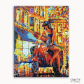 A vibrant painting depicting a woman sitting on a red scooter in Italy, with a colorful background.