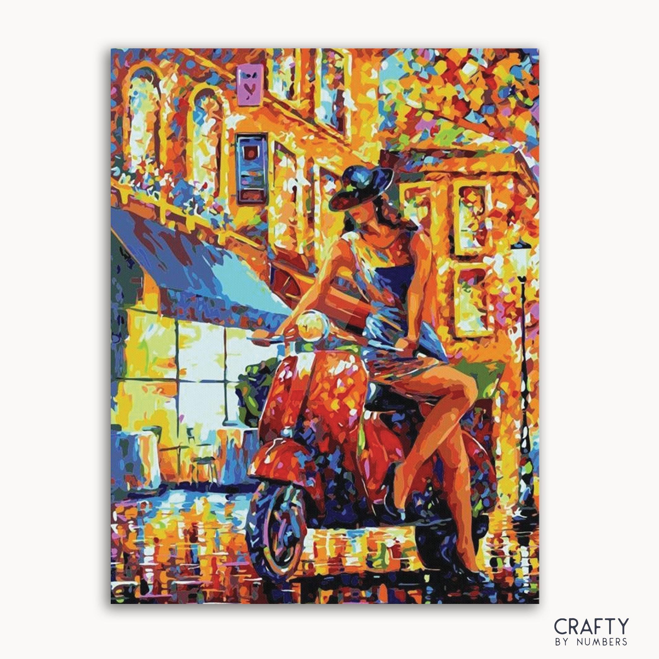 A vibrant painting depicting a woman sitting on a red scooter in Italy, with a colorful background.