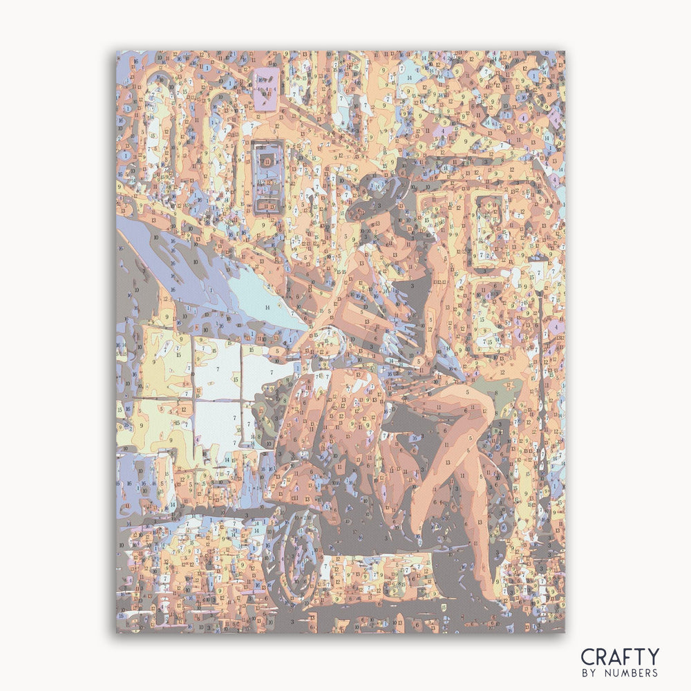 Painting of Scoter Women in Italy paint by number, evoking styles seen in famous paintings and famous art paintings by renowned artists like Vincent Van Gogh famous paintings and Pablo Picasso famous paintings.