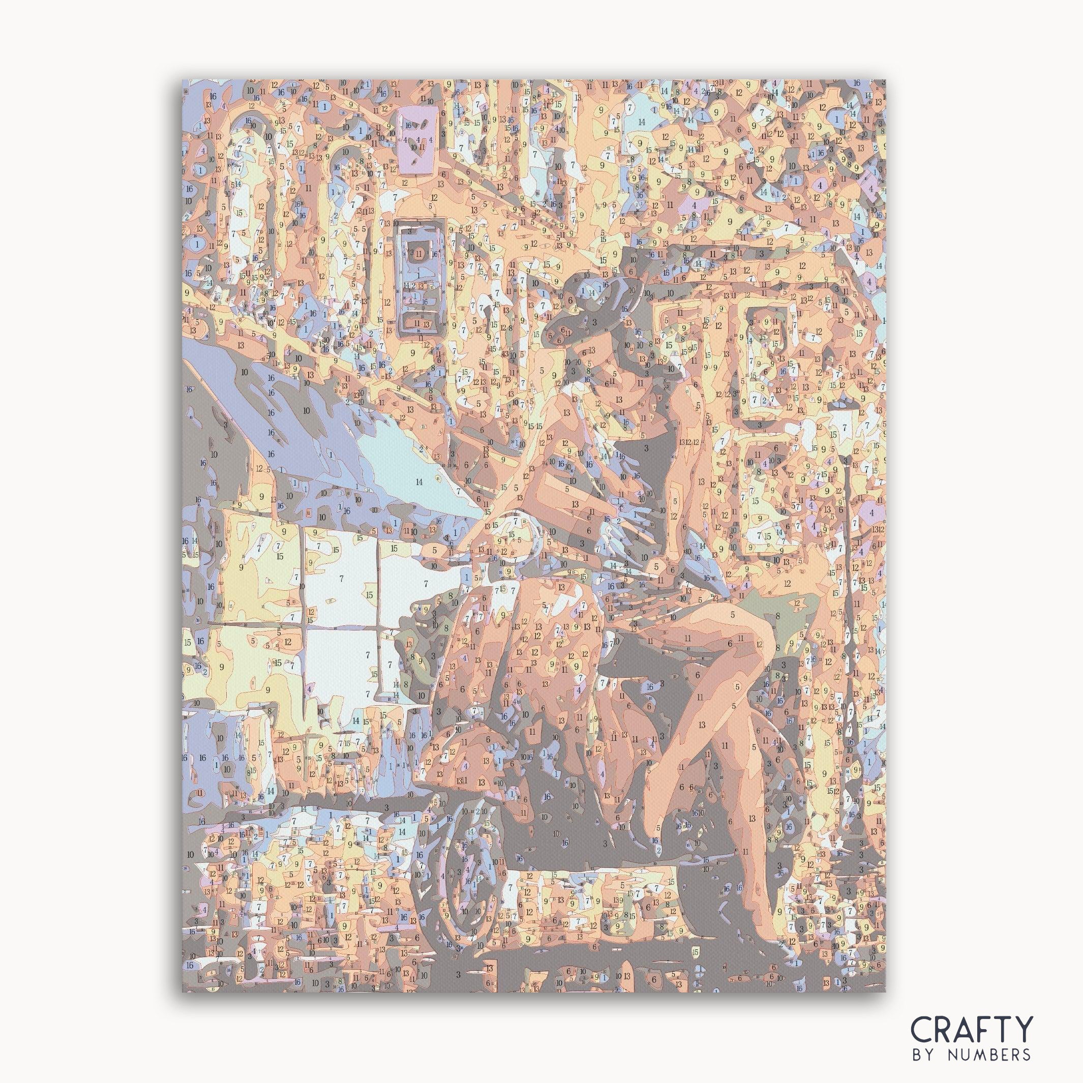 Painting of Scoter Women in Italy paint by number, evoking styles seen in famous paintings and famous art paintings by renowned artists like Vincent Van Gogh famous paintings and Pablo Picasso famous paintings.