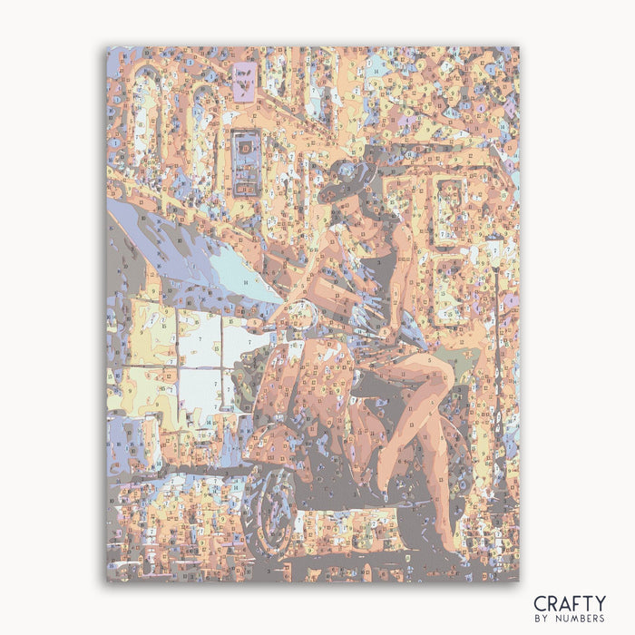 Painting of Scoter Women in Italy paint by number, evoking styles seen in famous paintings and famous art paintings by renowned artists like Vincent Van Gogh famous paintings and Pablo Picasso famous paintings.