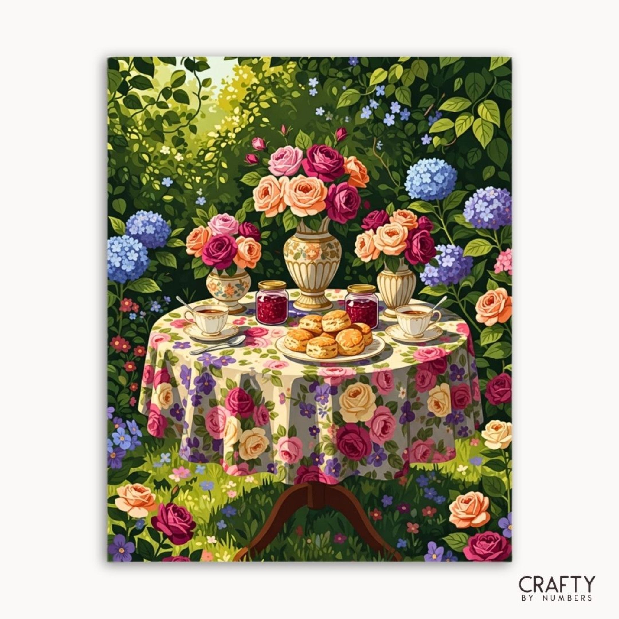 Painting of a table set with flowers and food in a garden, brand 'Crafty by Numbers' visible.