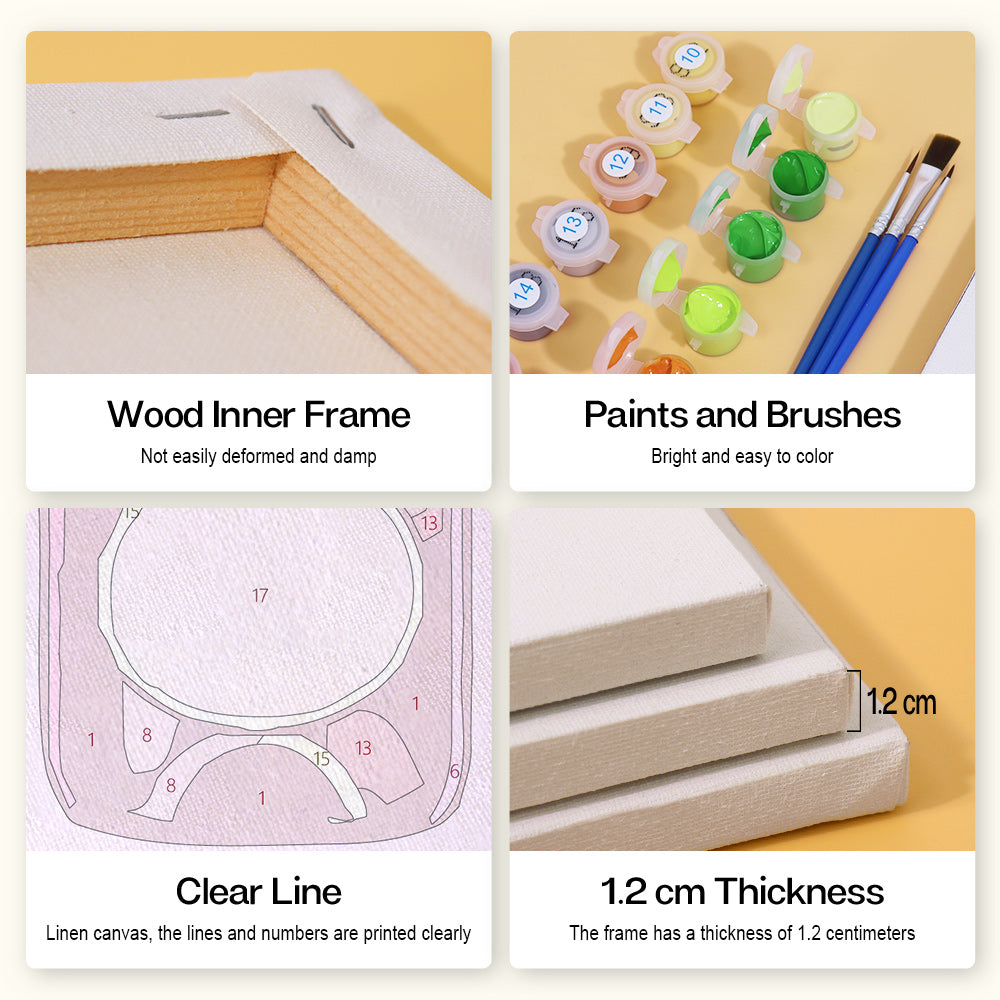 complete set kit for Rosé Champagne painting, including wood inner frame, paints and brushes, clear line, and frames for paint by numbers.