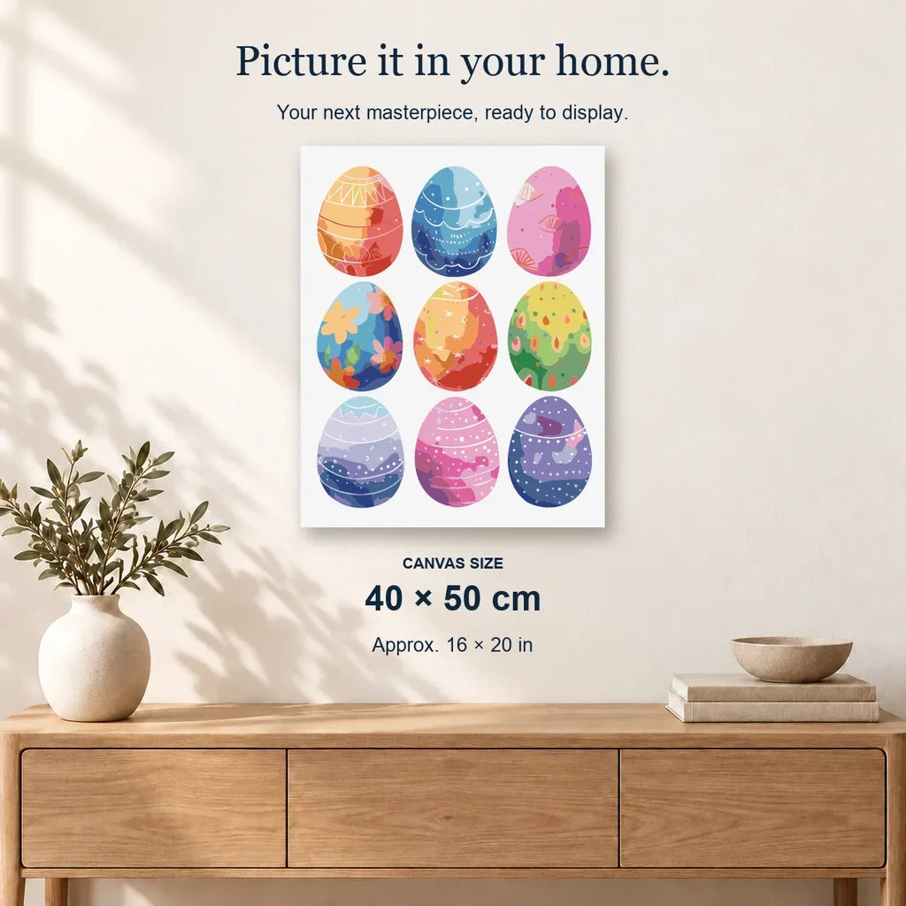Palette of Easter Wonders displayed on a sunlit wall. Canvas size 40 × 50 cm.