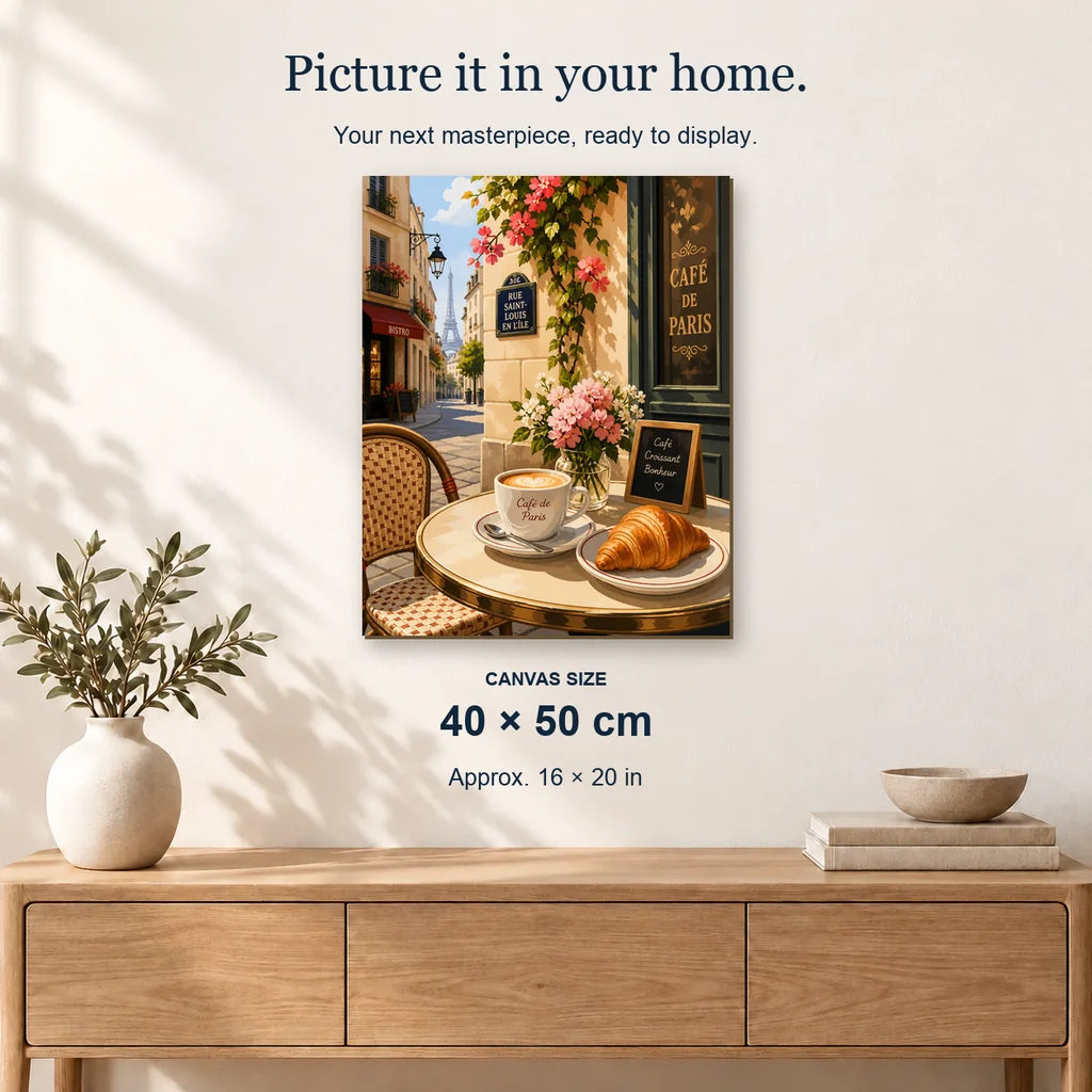 Paris Cafe displayed on a sunlit wall above an oak cabinet. Canvas size 40 × 50 cm.