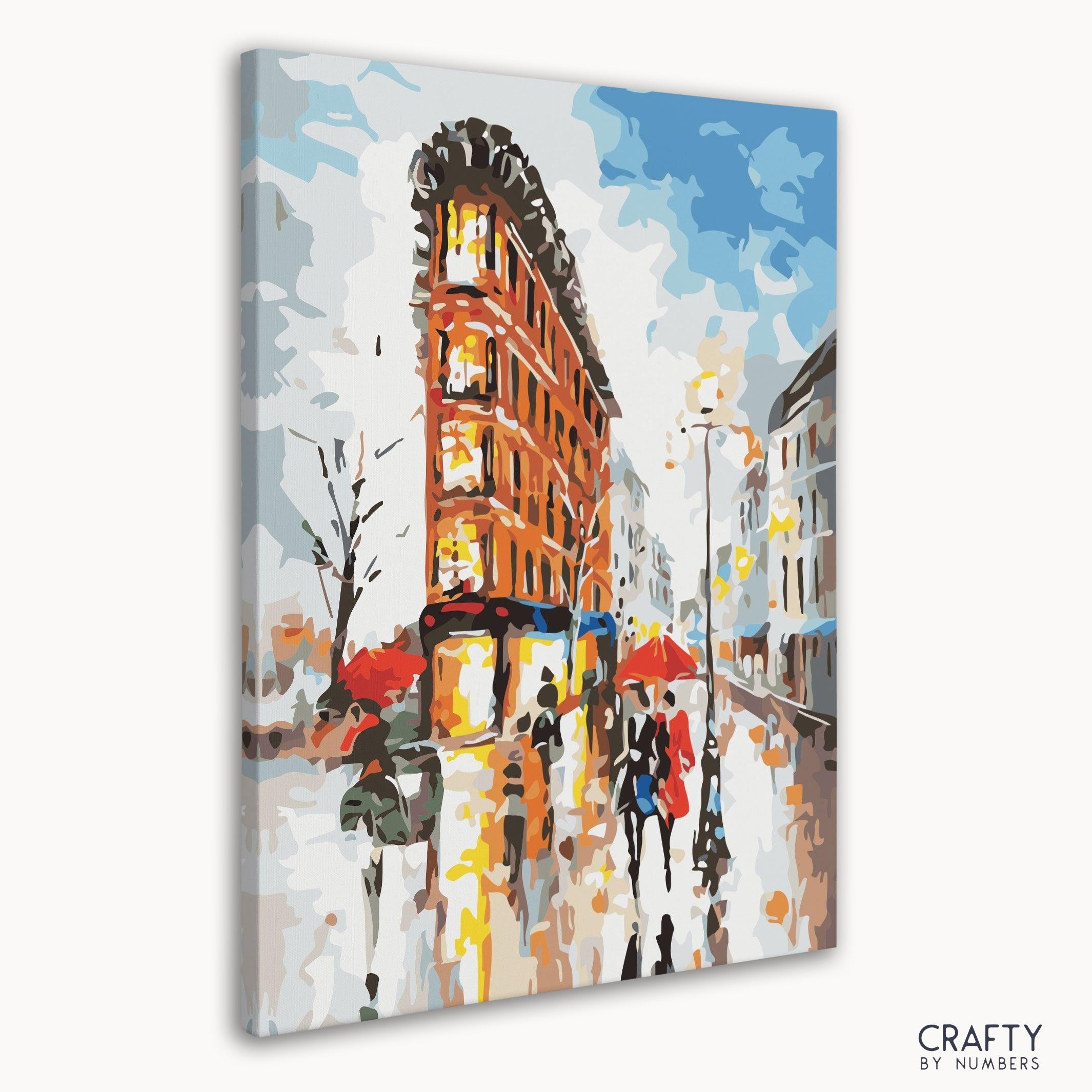 A paint by number scene of Paris in Rain reflecting styles seen in most famous paintings and famous landscape paintings by famous artists paintings.