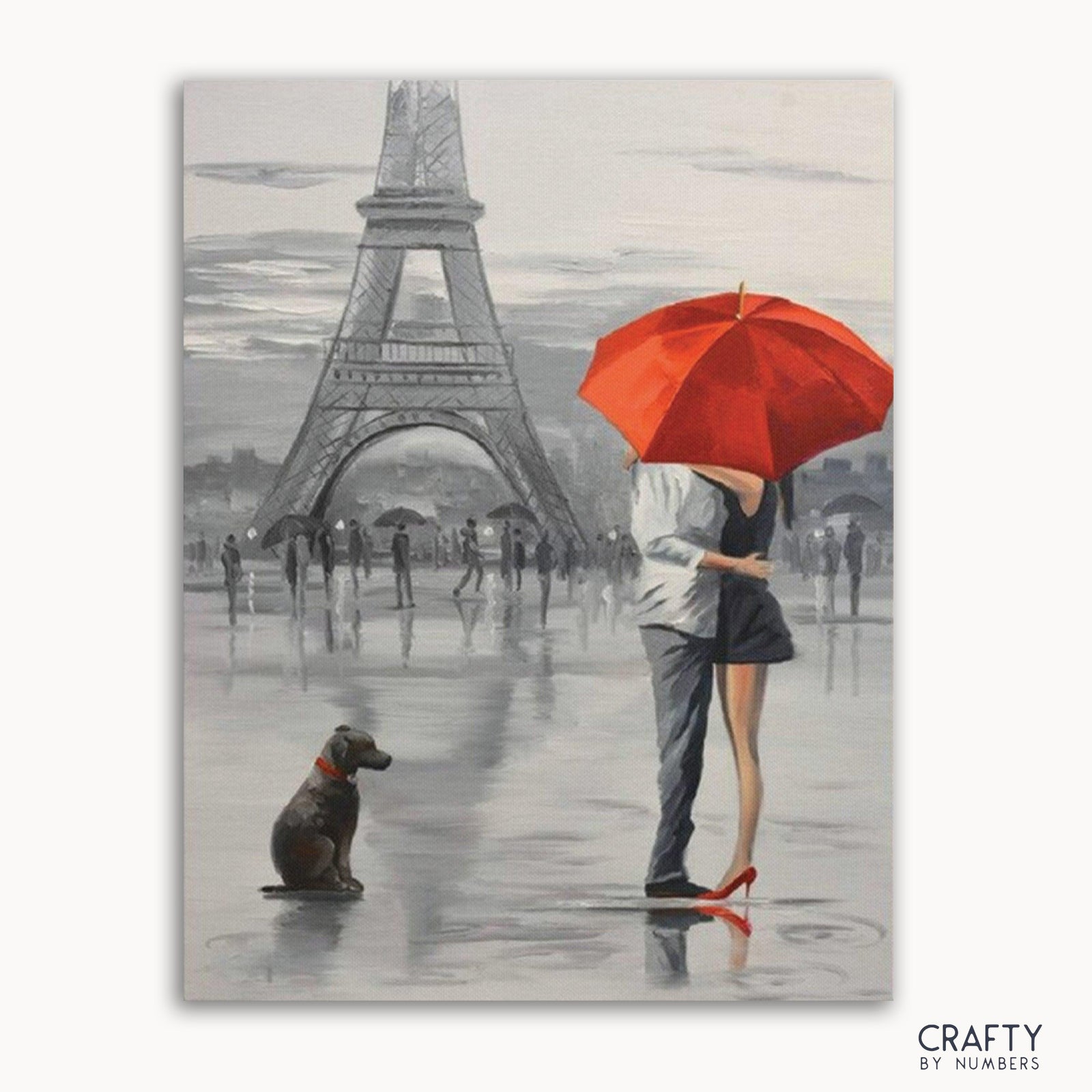 Ein Malen-nach-Zahlen-Set, das eine romantische Szene mit einem Paar, einem Hund und dem Eiffelturm im Hintergrund sowie einem roten Regenschirm zeigt.