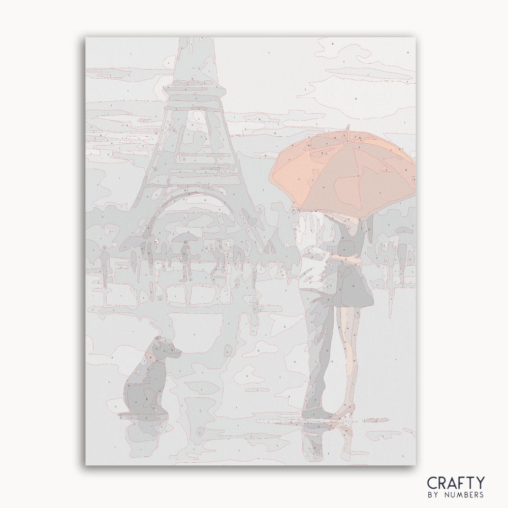 Paris Lovers paint by numbers showing a romantic couple in a vibrant cityscape, inspired by famous paintings of love and connection.