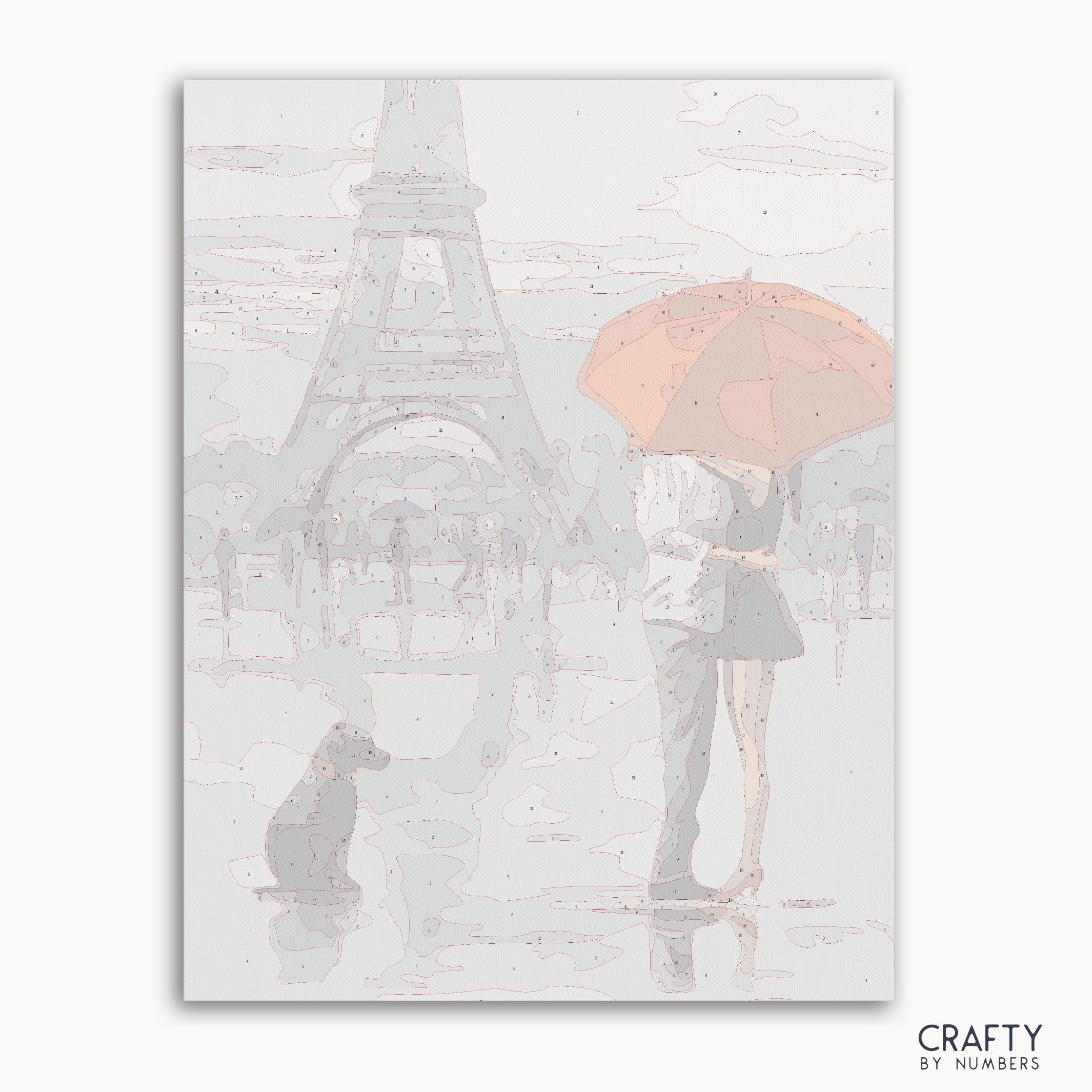 Paris Lovers paint by numbers showing a romantic couple in a vibrant cityscape, inspired by famous paintings of love and connection.