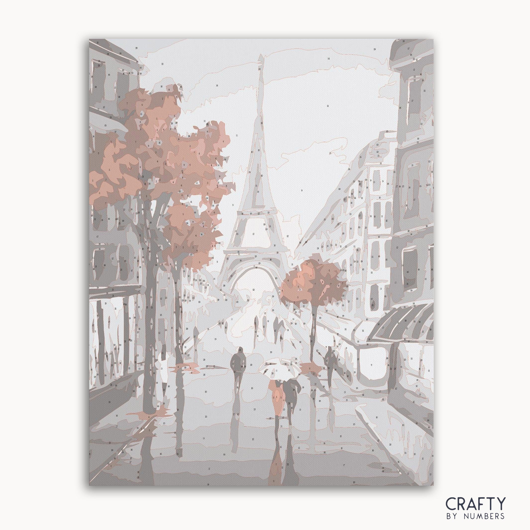 Paris street paint by numbers kit with Eiffel Tower view