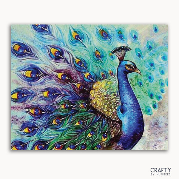 A paint-by-numbers kit depicting a colorful peacock with a vibrant background.