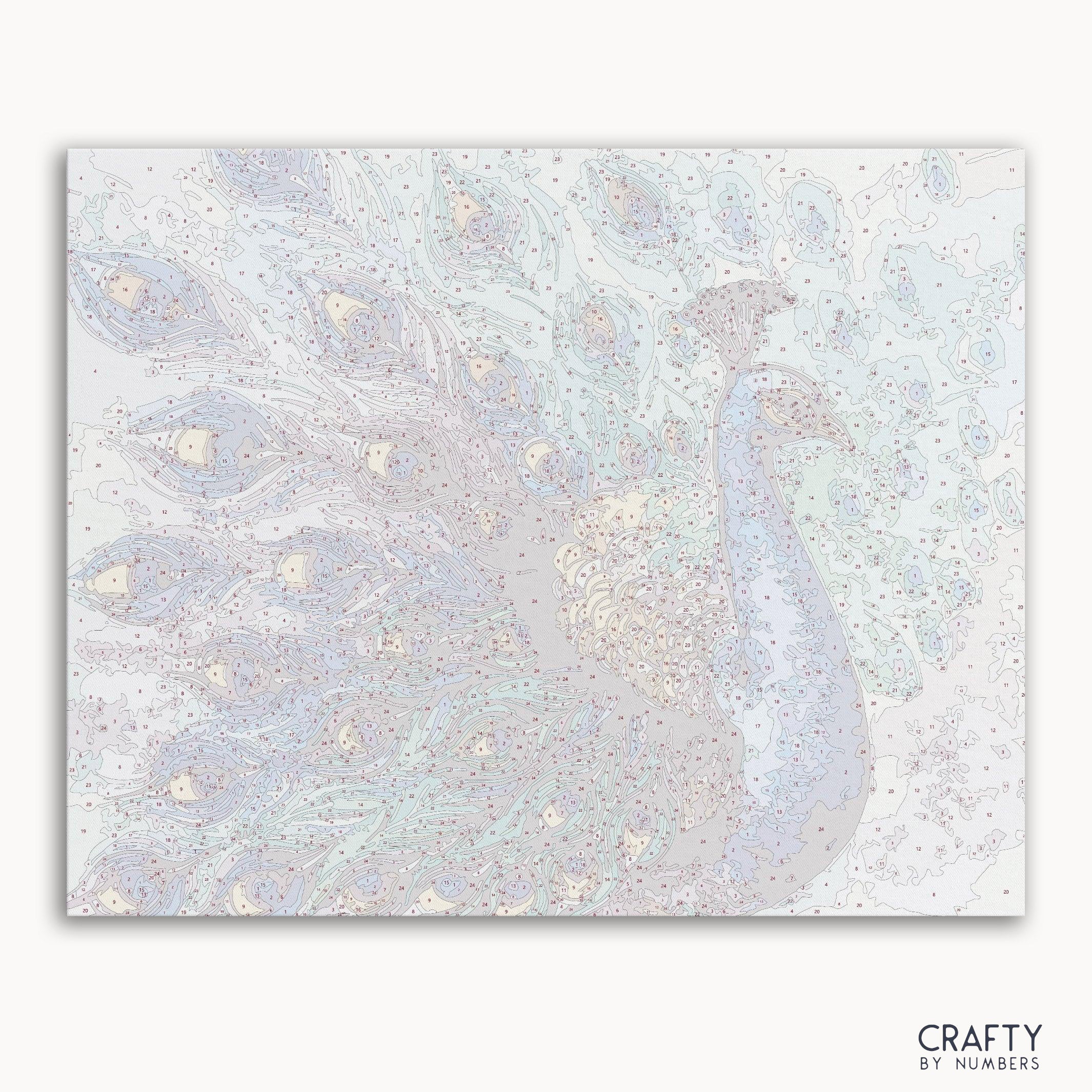 Pavo Real paint by number inspired by famous paintings featuring vibrant colors and intricate details.