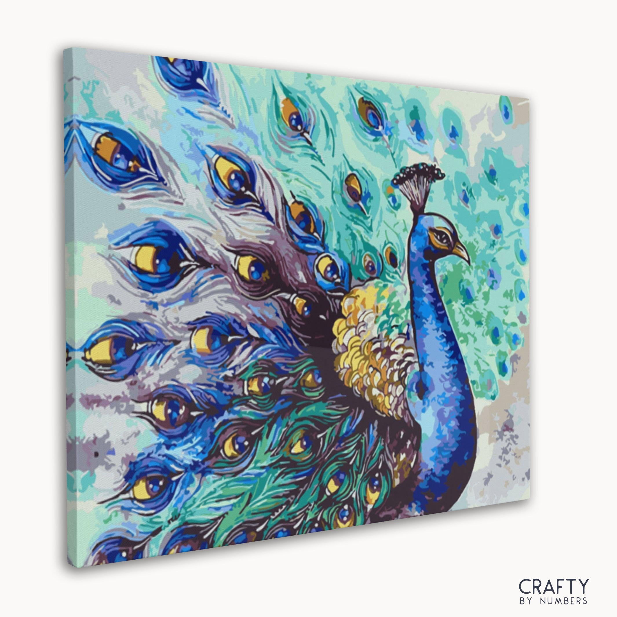 Pavo Real paint by number with styles reminiscent of vincent van gogh famous paintings and textured brushstrokes.
