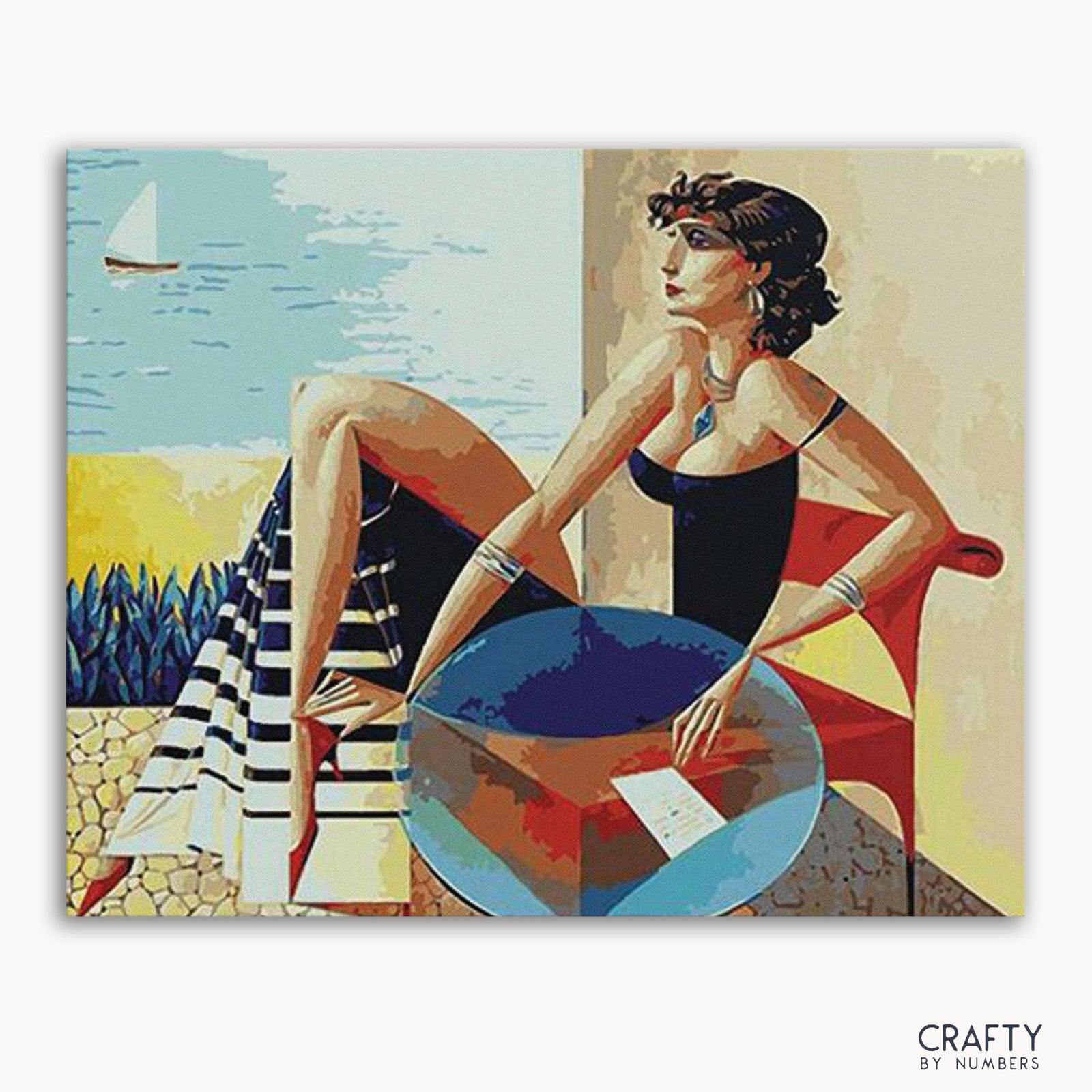 Un kit de pintura por números que representa a una mujer sentada con un vestido negro y un cuenco azul sobre la mesa frente a ella, sobre un fondo vibrante con un barco y un cielo azul.