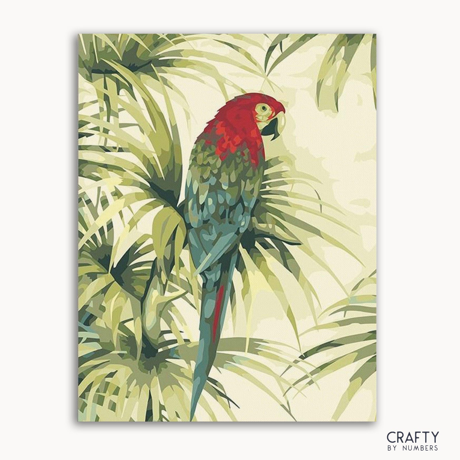 Une image de kit de peinture par numéros représentant un perroquet rouge et vert entouré de feuillage vert.
