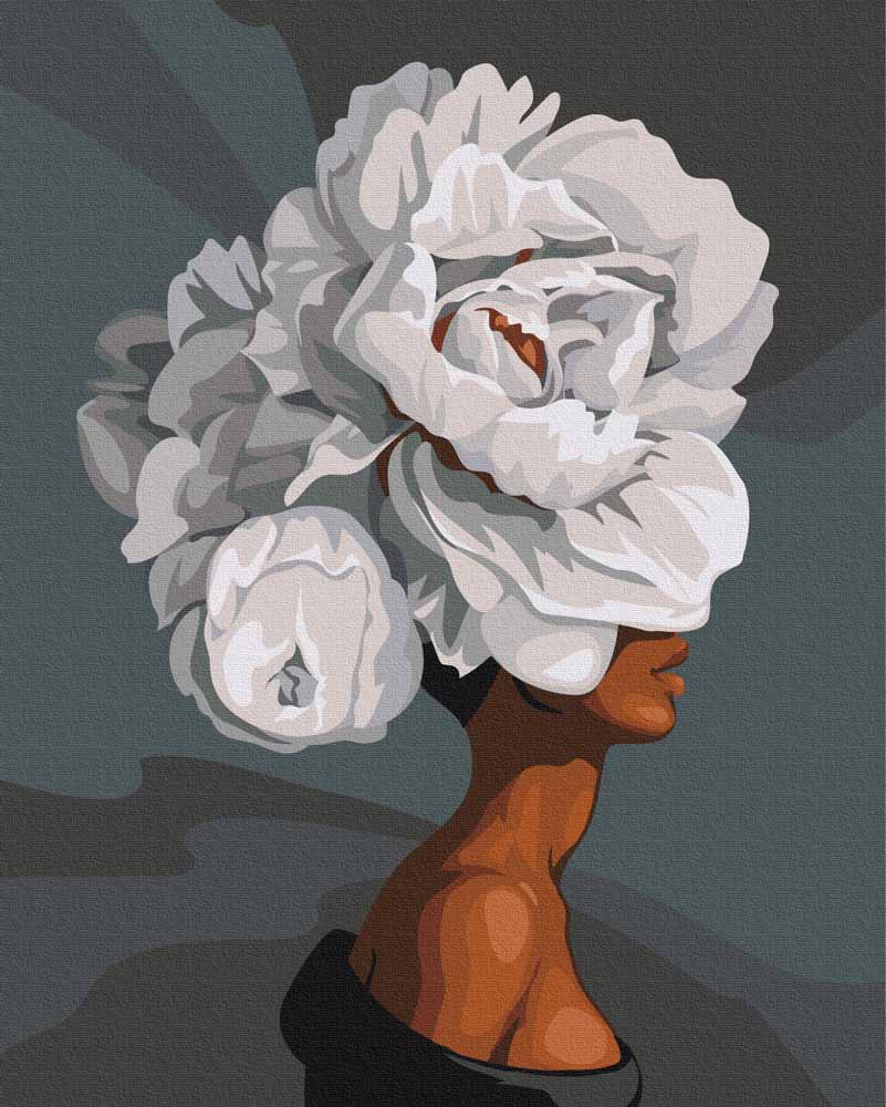 A paint-by-number kit depicting a silhouette of a woman's profile filled with an intricate floral pattern in white and grey tones.