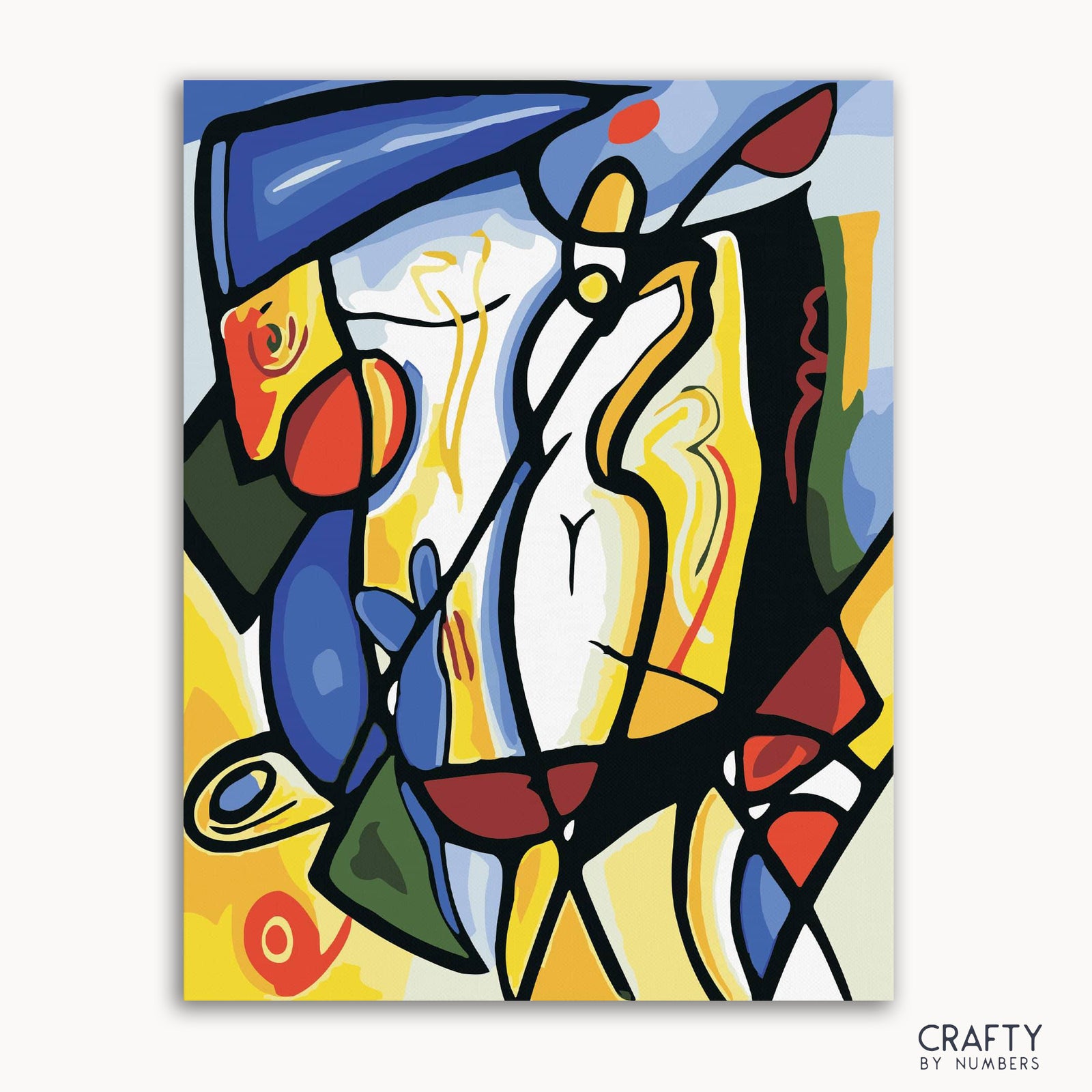 Una colorida pintura abstracta que presenta varias formas y figuras geométricas en una paleta de colores vibrantes.