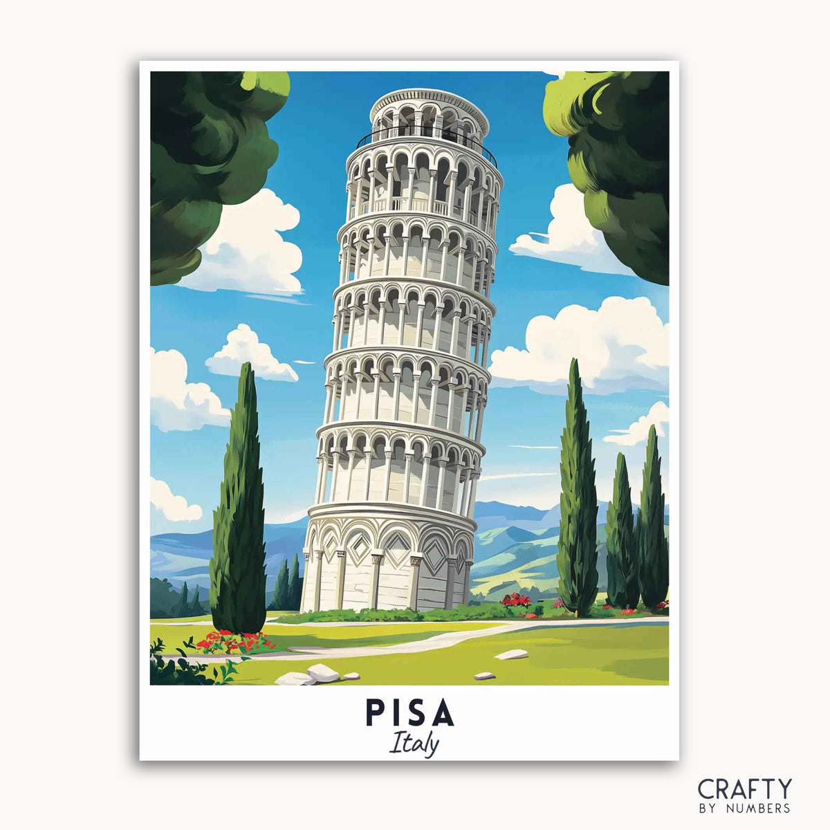 Une affiche de voyage représentant la tour penchée de Pise avec un ciel bleu clair, des arbres verts et un champ vert en arrière-plan. Le mot « PISA » est écrit en grosses lettres en bas.