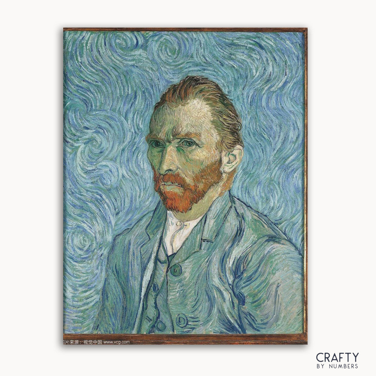 Un kit de peinture par numéros comprenant un portrait de Vincent Van Gogh, avec des coups de pinceau bleus distincts et une représentation de ses cheveux et de sa pilosité faciale.