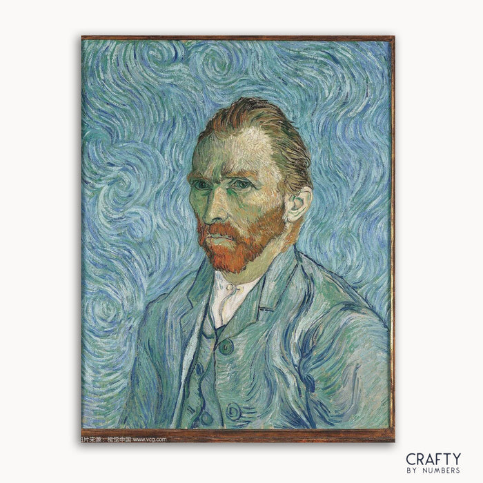A paint by numbers kit featuring a portrait of Vincent Van Gogh, with distinct blue brush strokes and a representation of his hair and facial hair.