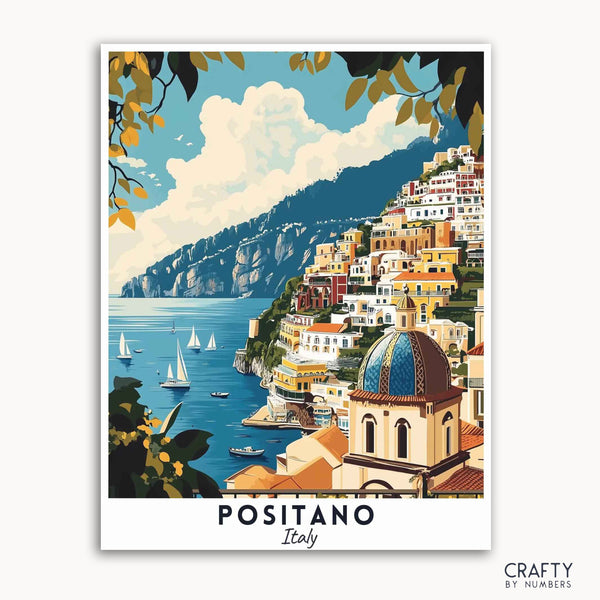 A travel poster depicting the town of Positano in Italy with colorful buildings on the hillside, a dome, and sailboats in the sea.