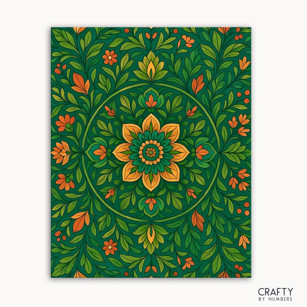 Forest Bloom Mandala Paint by Numbers kit featuring a vibrant mandala inspired by forest life with earthy greens, warm orange, and golden tones blending floral and natural elements