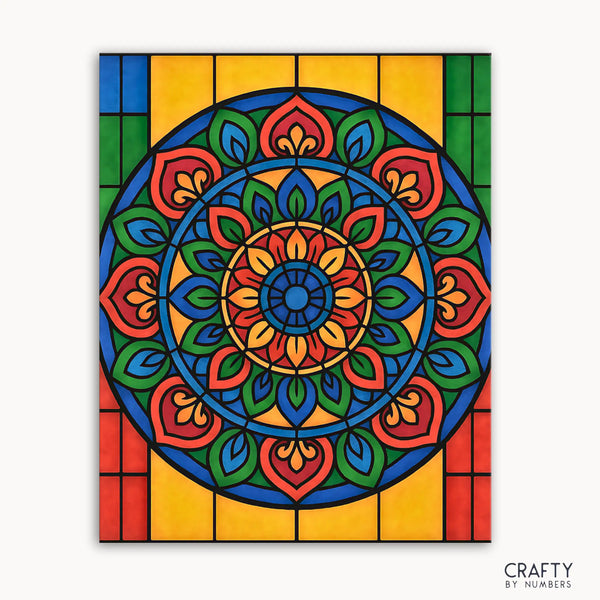 Celestial Mosaic Mandala Paint by Numbers kit featuring a vibrant mandala inspired by stained glass and cosmic geometry, with radiant blues, purples, and golds in symmetrical mosaic patterns