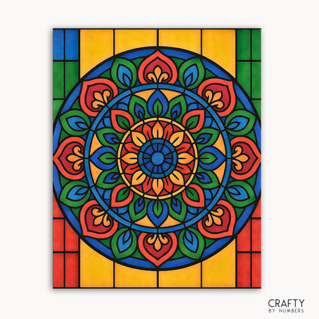 Celestial Mosaic Mandala Paint by Numbers kit featuring a vibrant mandala inspired by stained glass and cosmic geometry, with radiant blues, purples, and golds in symmetrical mosaic patterns