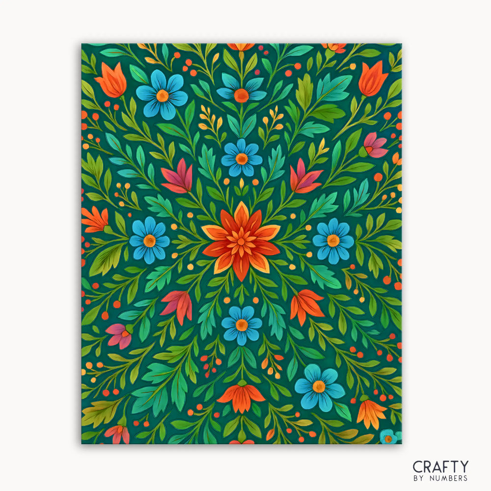 Floral Rhythm Mandala Paint by Numbers kit featuring a joyful mandala with bold orange blossoms and sky-blue petals intertwined with flowing green leaves in a harmonious garden-inspired design