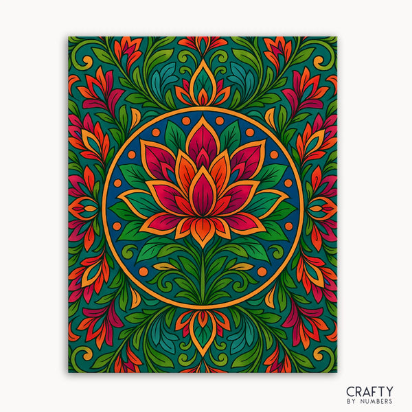 Lotus Rise Mandala Paint by Numbers kit featuring a radiant lotus flower blooming upward from lush greenery, surrounded by swirling floral details in warm tones
