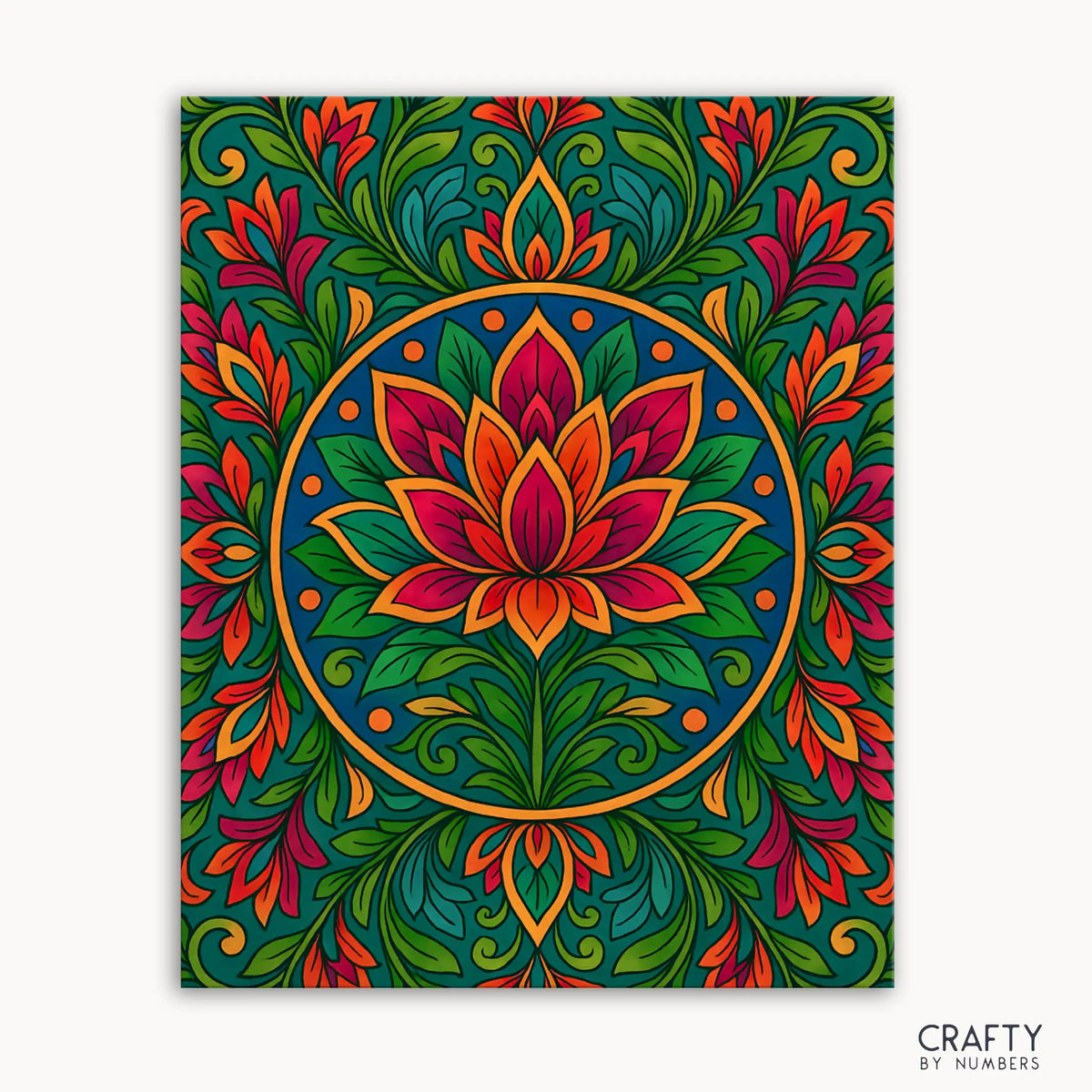 Malen-nach-Zahlen-Set „Lotus Rise Mandala“ mit einer strahlenden Lotusblume, die aus üppigem Grün emporblüht, umgeben von wirbelnden Blumendetails in warmen Tönen