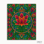Lotus Rise Mandala Paint by Numbers kit featuring a radiant lotus flower blooming upward from lush greenery, surrounded by swirling floral details in warm tones